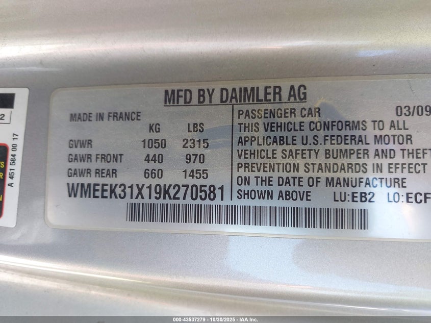 WMEEK31X19K270581 2009 SMART FORTWO photo no. 9