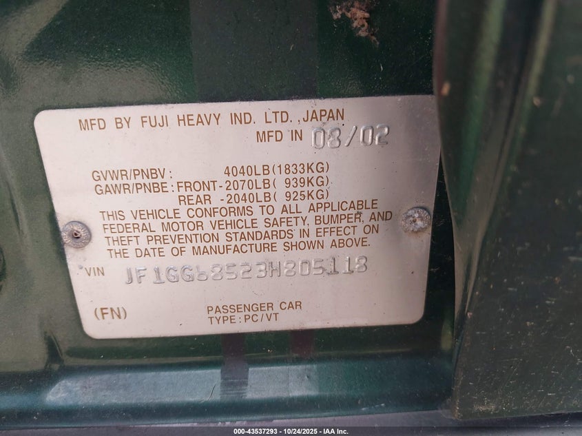 2003 Subaru Impreza Outback Sport VIN: JF1GG68523H805118 Lot: 43537293