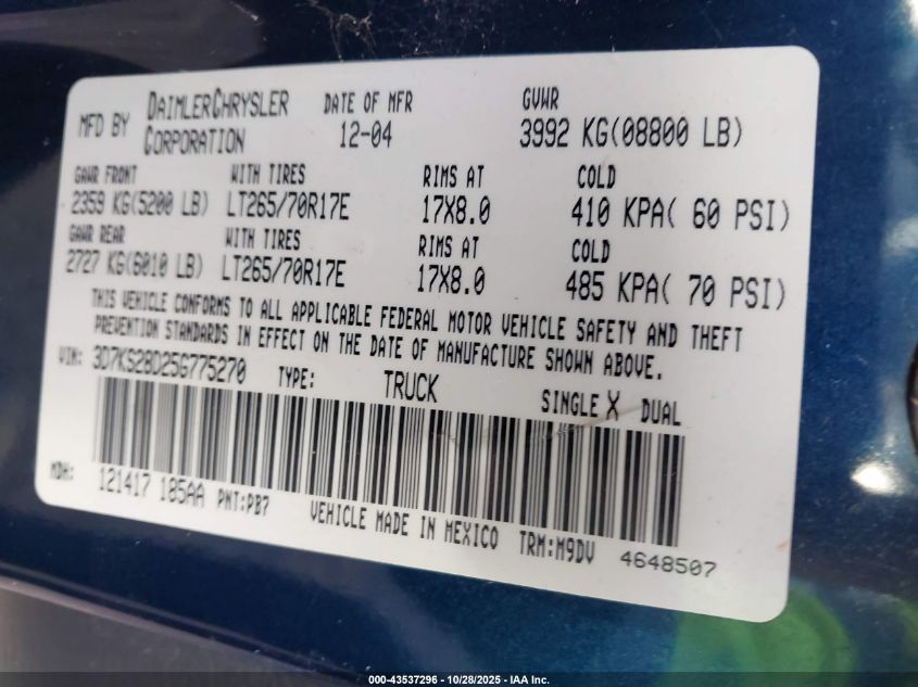 2005 Dodge Ram 2500 Slt/Laramie VIN: 3D7KS28D25G775270 Lot: 43537296