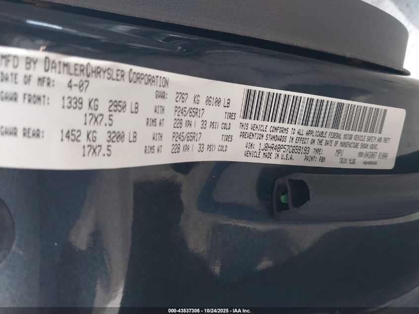 2007 Jeep Grand Cherokee Laredo VIN: 1J8HR48P57C659193 Lot: 43537306