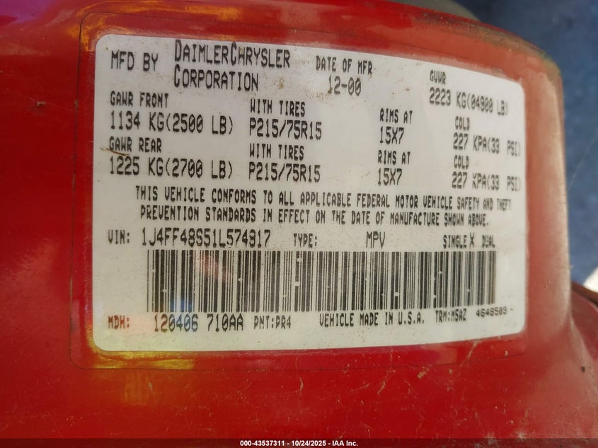 2001 Jeep Cherokee Sport VIN: 1J4FF48S51L574917 Lot: 43537311