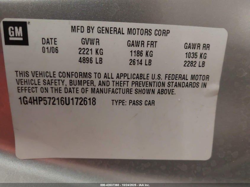 2006 Buick Lucerne Cx VIN: 1G4HP57216U172618 Lot: 43537360
