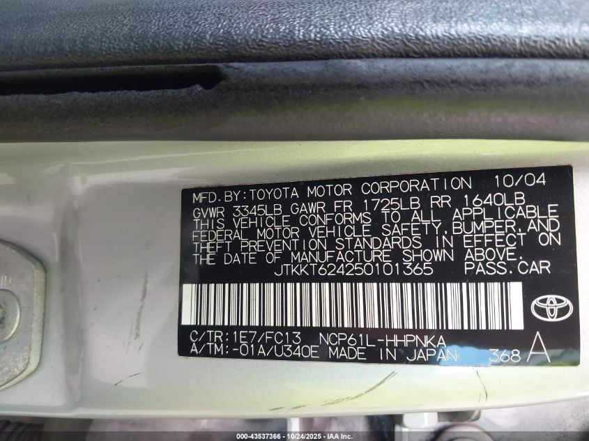 2005 Scion Xa VIN: JTKKT624250101365 Lot: 43537366