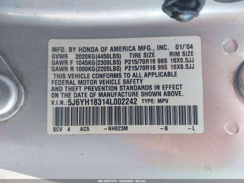 2004 Honda Element Lx VIN: 5J6YH18314L002242 Lot: 43537376