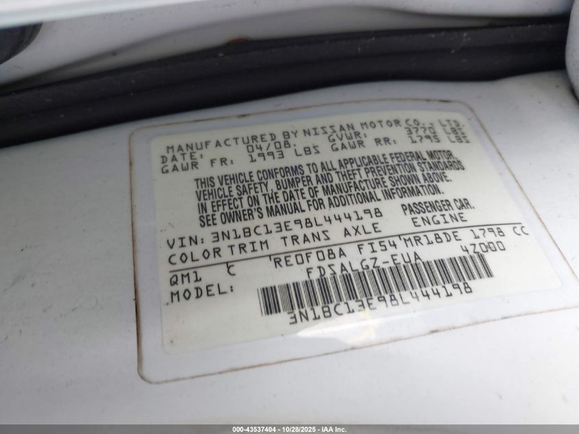 2008 Nissan Versa 1.8Sl VIN: 3N1BC13E98L444198 Lot: 43537404