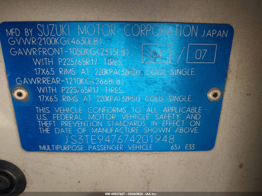 2007 Suzuki Grand Vitara Luxury VIN: JS3TE947674201948 Lot: 43537427