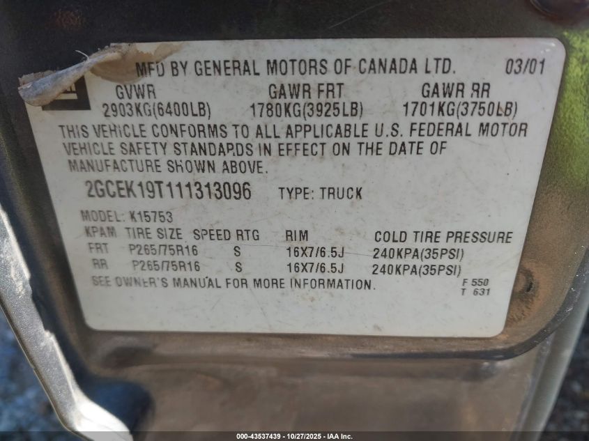 2001 Chevrolet Silverado 1500 Ls VIN: 2GCEK19T111313096 Lot: 43537439