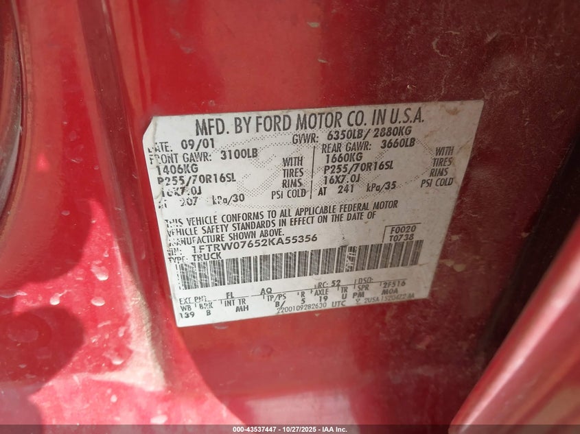 2002 Ford F-150 Lariat/Xlt VIN: 1FTRW07652KA55356 Lot: 43537447