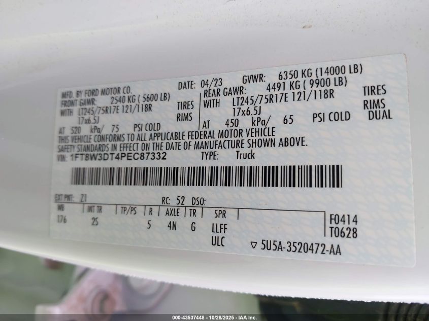 2023 Ford F-350 Xlt VIN: 1FT8W3DT4PEC87332 Lot: 43537448
