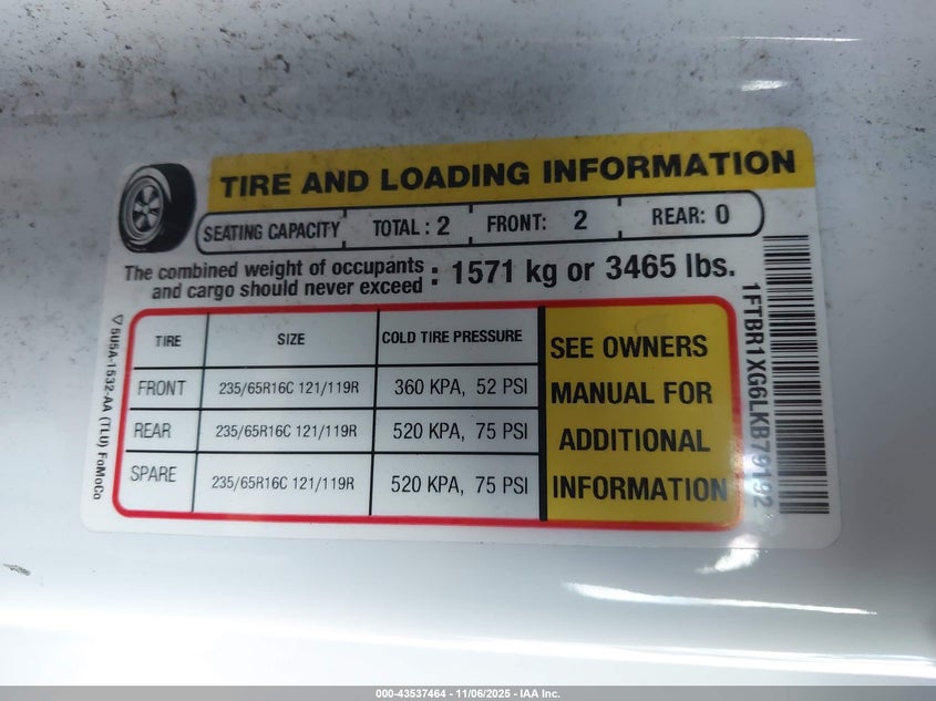 2020 Ford Transit-250 VIN: 1FTBR1XG6LKB79192 Lot: 43537464