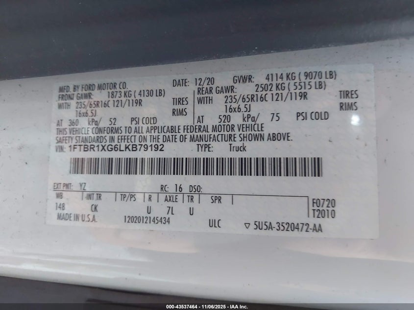 2020 Ford Transit-250 VIN: 1FTBR1XG6LKB79192 Lot: 43537464