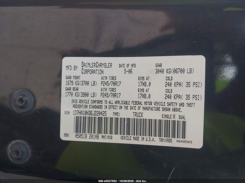 2006 Dodge Ram 1500 Slt VIN: 1D7HA18N36J220425 Lot: 43537502