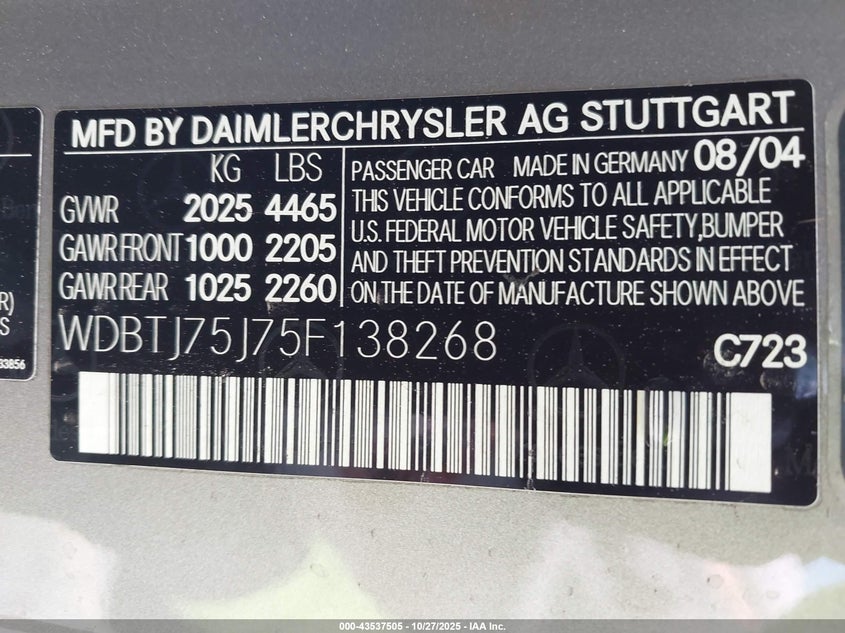 2005 Mercedes-Benz Clk 500 VIN: WDBTJ75J75F138268 Lot: 43537505