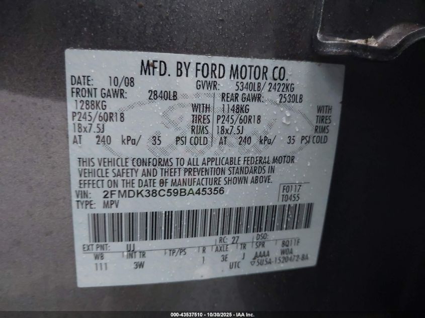 2009 Ford Edge Sel VIN: 2FMDK38C59BA45356 Lot: 43537510