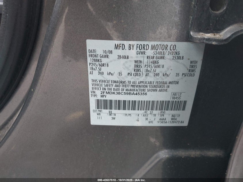 2FMDK38C59BA45356 2009 FORD EDGE photo no. 9