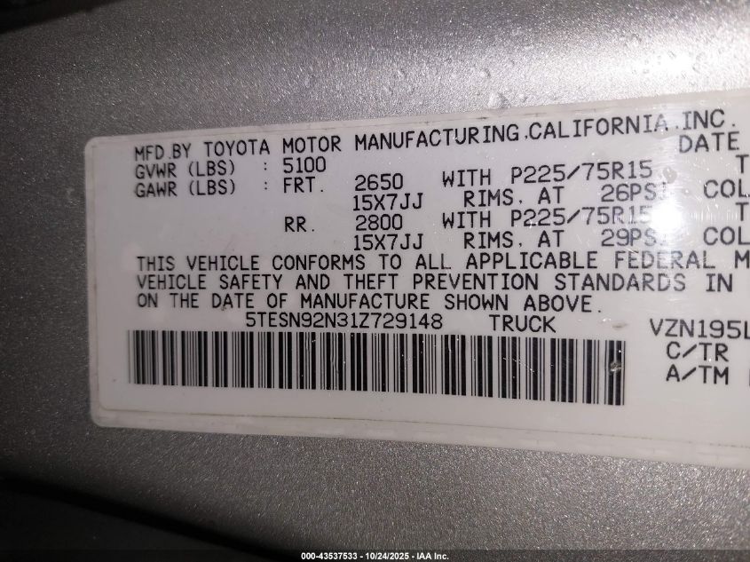 2001 Toyota Tacoma Prerunner V6 VIN: 5TESN92N31Z729148 Lot: 43537533