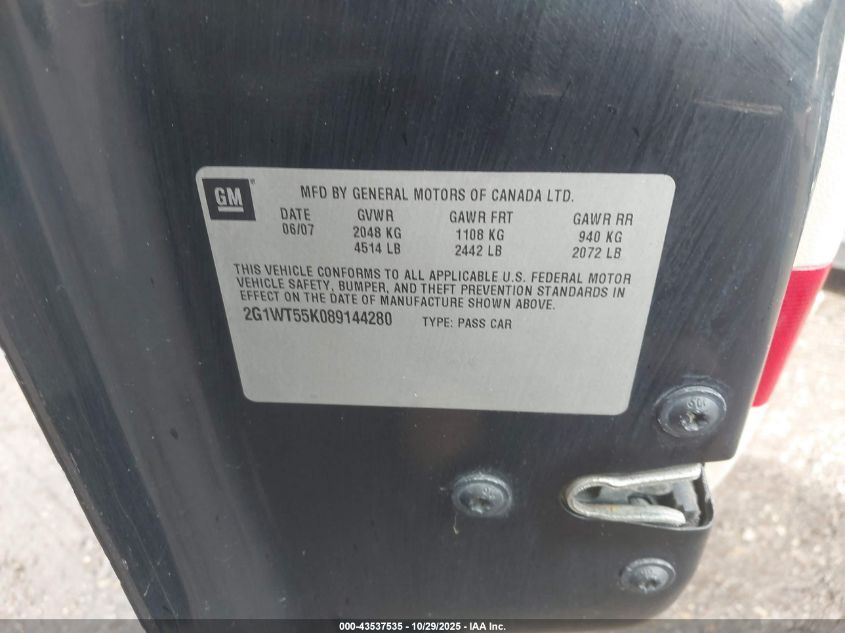2008 Chevrolet Impala Lt VIN: 2G1WT55K089144280 Lot: 43537535