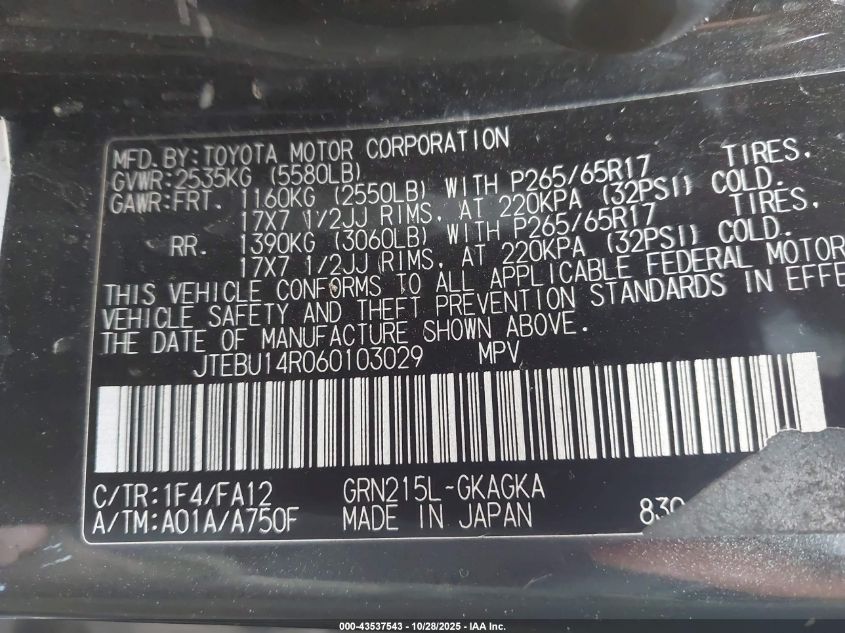 2006 Toyota 4Runner Sr5 V6 VIN: JTEBU14R060103029 Lot: 43537543