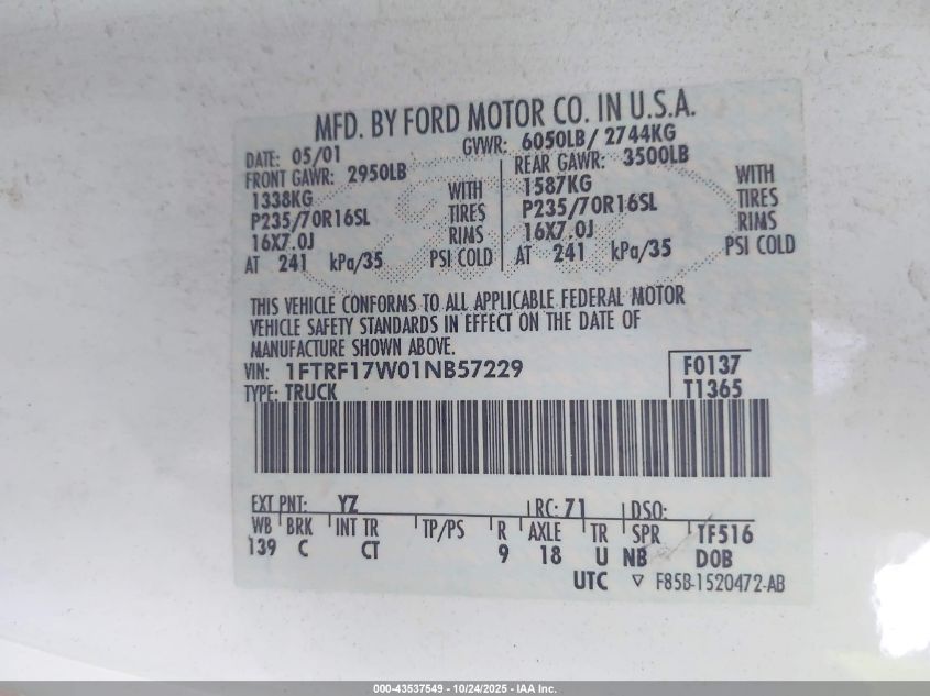 2001 Ford F-150 Xl/Xlt VIN: 1FTRF17W01NB57229 Lot: 43537549