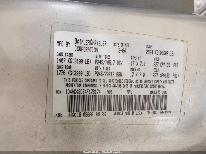 2004 Dodge Durango Slt VIN: 1D4HD48D54F178174 Lot: 43537556