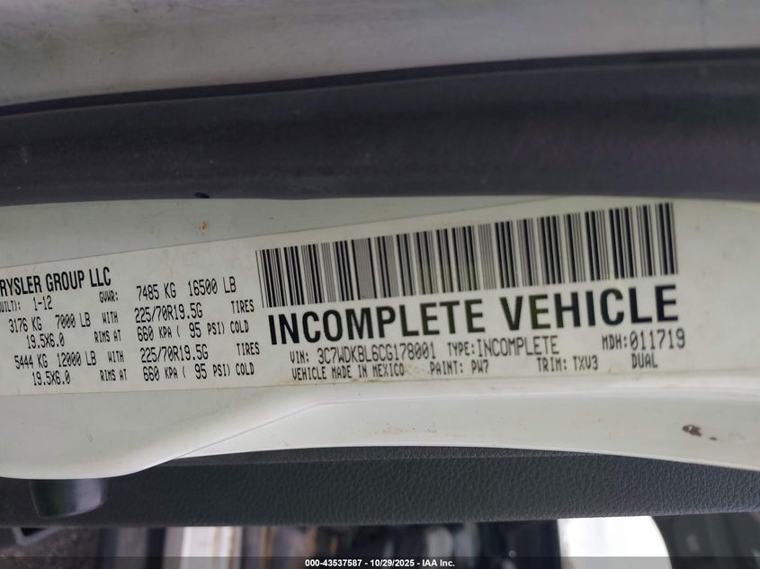 2012 Ram 4500 Chassis St/Slt VIN: 3C7WDKBL6CG178001 Lot: 43537587