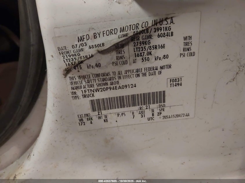 2004 Ford F-250 Lariat/Xl/Xlt VIN: 1FTNW20P94EA09124 Lot: 43537605