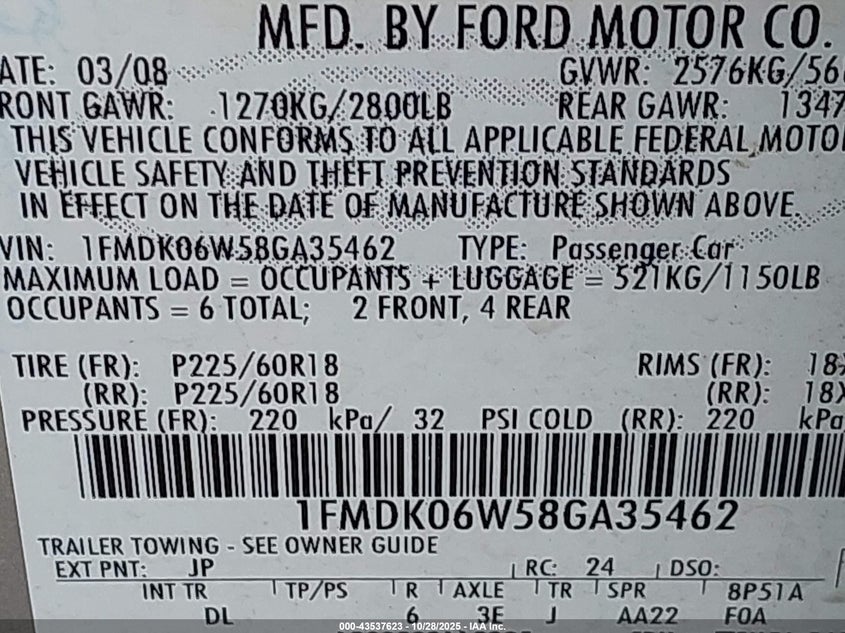 2008 Ford Taurus X Limited VIN: 1FMDK06W58GA35462 Lot: 43537623