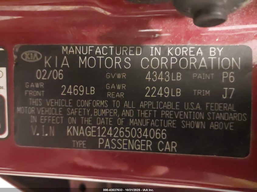 2006 Kia Optima Ex V6 (New)/Lx V6 (New) VIN: KNAGE124265034066 Lot: 43537633