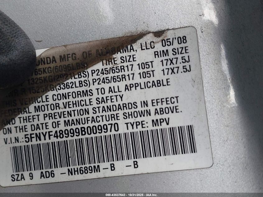 2009 Honda Pilot Touring VIN: 5FNYF48999B009970 Lot: 43537643