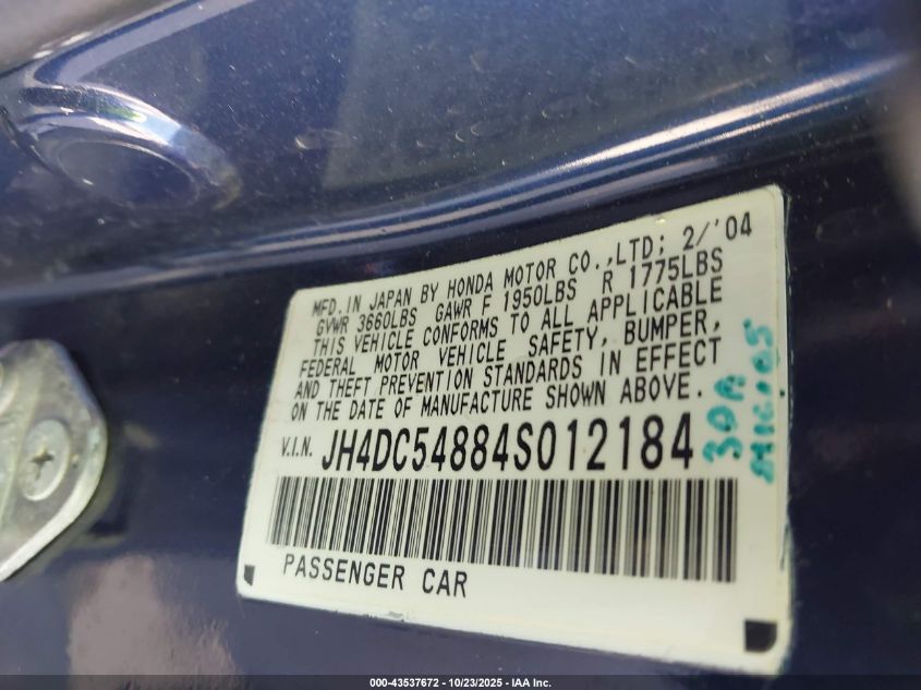 2004 Acura Rsx VIN: JH4DC54884S012184 Lot: 43537672