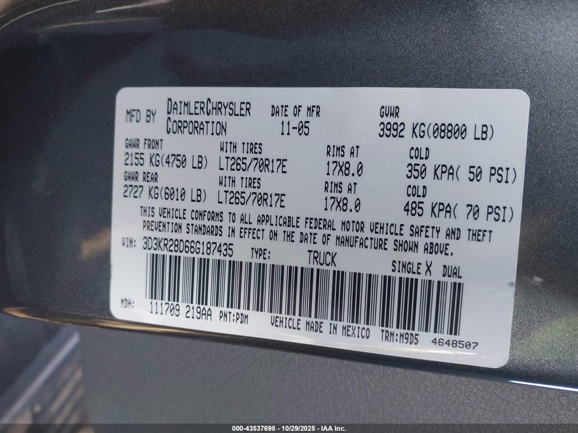 2006 Dodge Ram 2500 Slt/Sport VIN: 3D3KR28D66G187435 Lot: 43537698