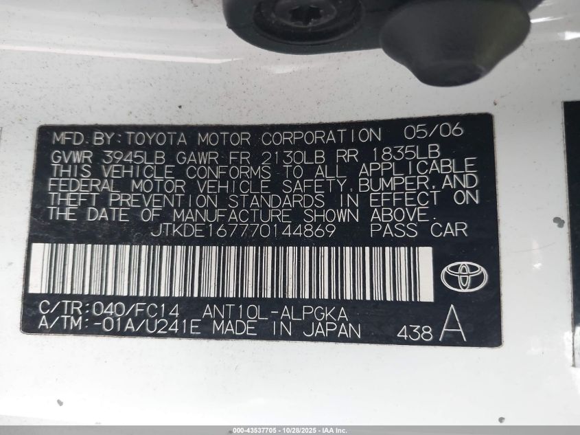 2007 Scion Tc VIN: JTKDE167770144869 Lot: 43537705