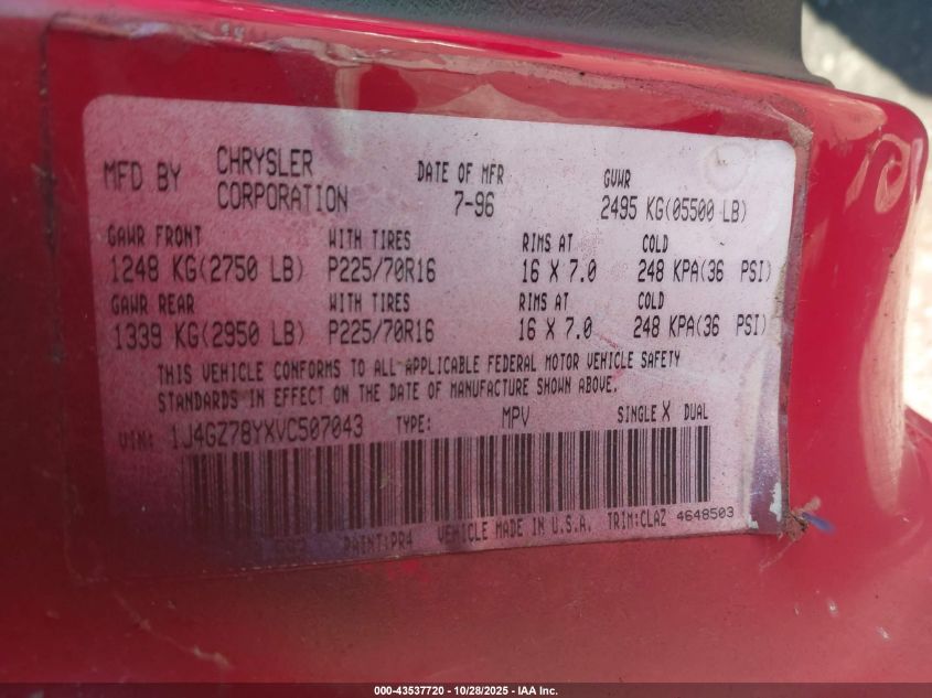 1997 Jeep Grand Cherokee Limited VIN: 1J4GZ78YXVC507043 Lot: 43537720