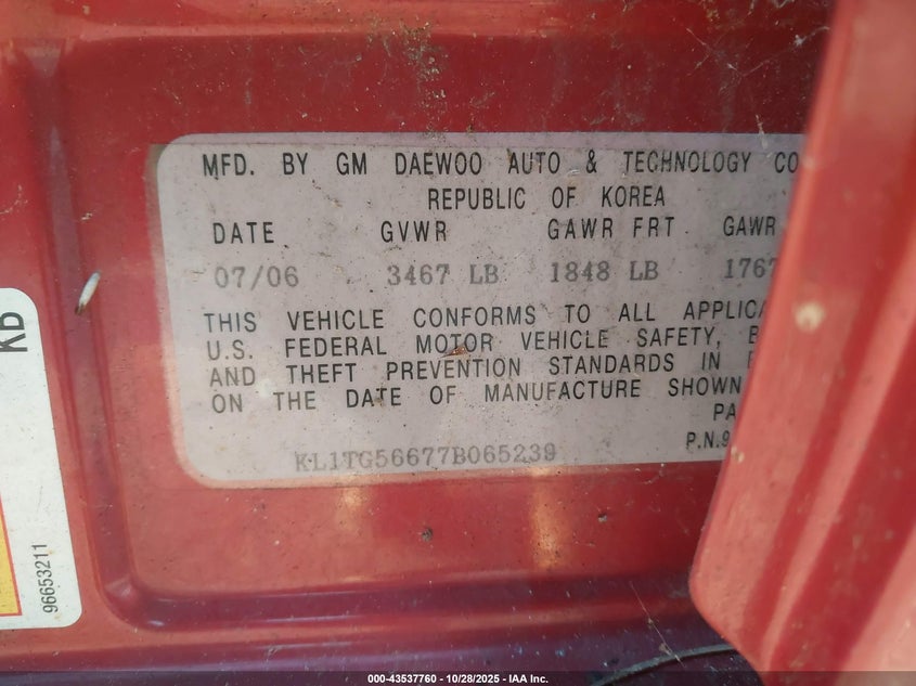 2007 Chevrolet Aveo Lt VIN: KL1TG56677B065239 Lot: 43537760