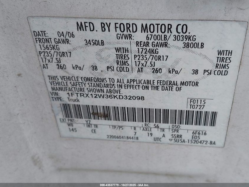 2006 Ford F-150 Stx/Xl/Xlt VIN: 1FTRX12W36KD32098 Lot: 43537779