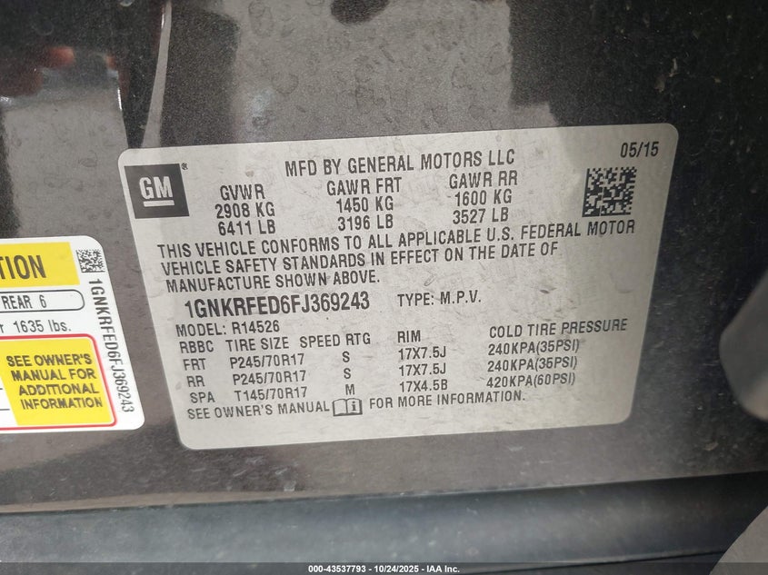 2015 CHEVROLET TRAVERSE LS 1GNKRFED6FJ369243