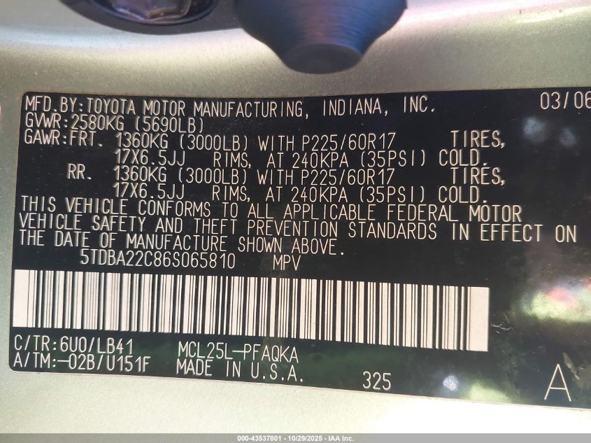 2006 Toyota Sienna Xle VIN: 5TDBA22C86S065810 Lot: 43537801