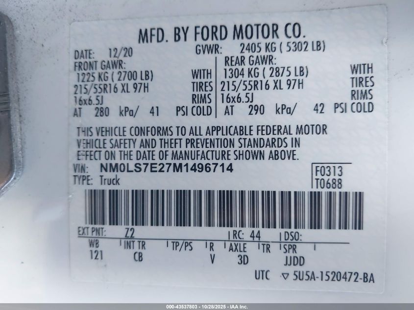2021 Ford Transit Connect Xl VIN: NM0LS7E27M1496714 Lot: 43537803