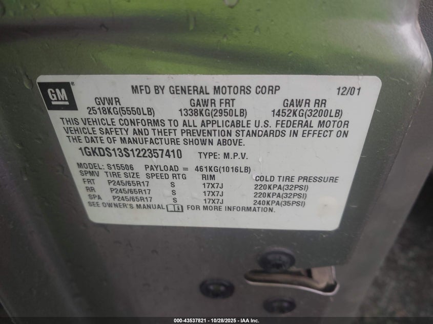 2002 GMC Envoy Slt VIN: 1GKDS13S122357410 Lot: 43537821