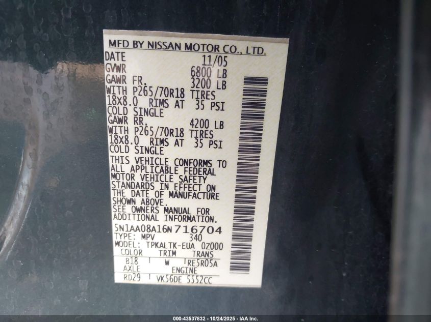 2006 Nissan Armada Se VIN: 5N1AA08A16N716704 Lot: 43537832
