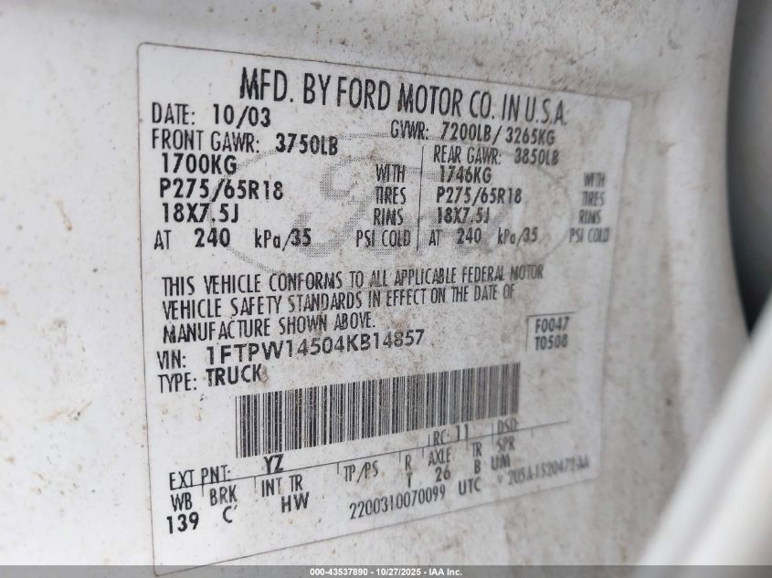 2004 Ford F-150 Fx4/Lariat/Xlt VIN: 1FTPW14504KB14857 Lot: 43537890
