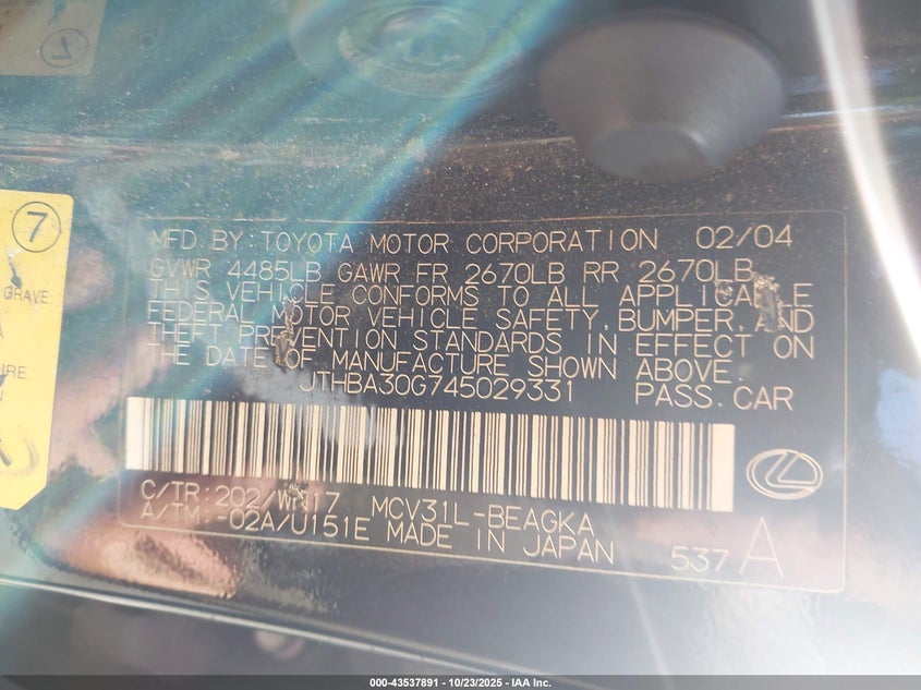 JTHBA30G745029331 2004 LEXUS ES photo no. 9