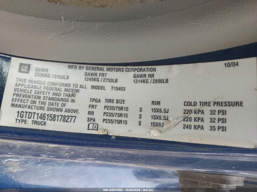 2005 GMC Canyon Sl VIN: 1GTDT146158178277 Lot: 43537892