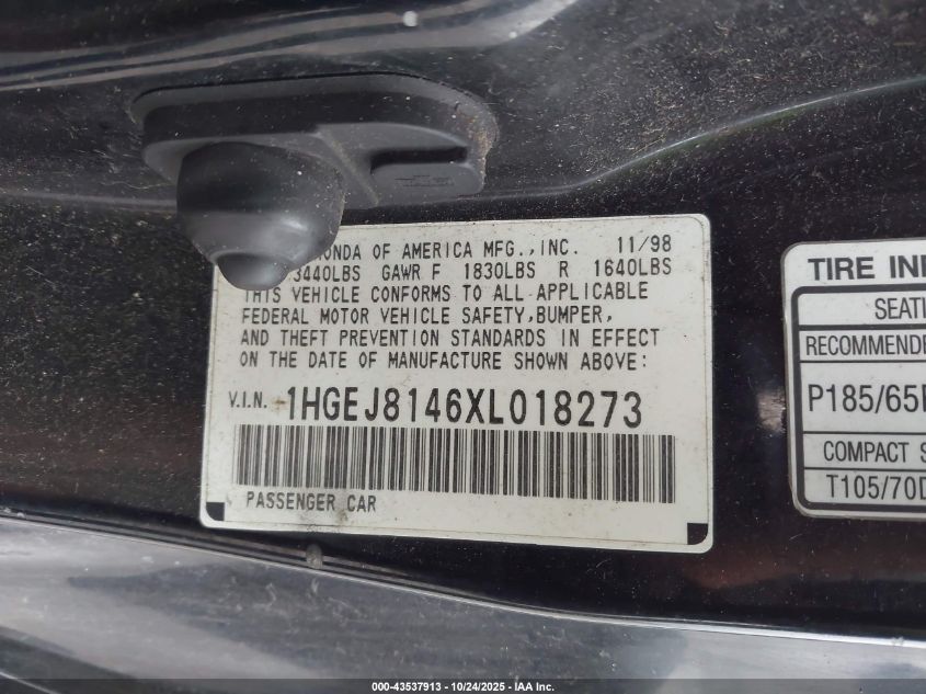 1999 Honda Civic Ex VIN: 1HGEJ8146XL018273 Lot: 43537913