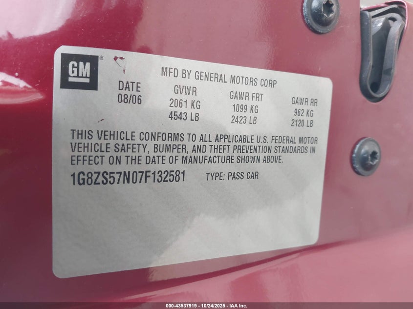 1G8ZS57N07F132581 2007 SATURN AURA photo no. 9