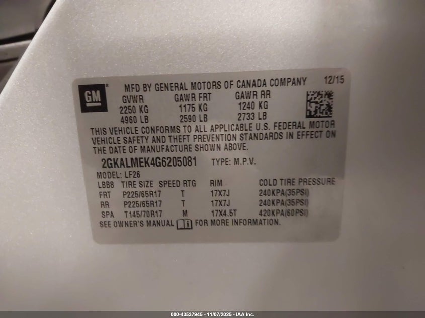 2016 GMC Terrain Sle-1 VIN: 2GKALMEK4G6205081 Lot: 43537945