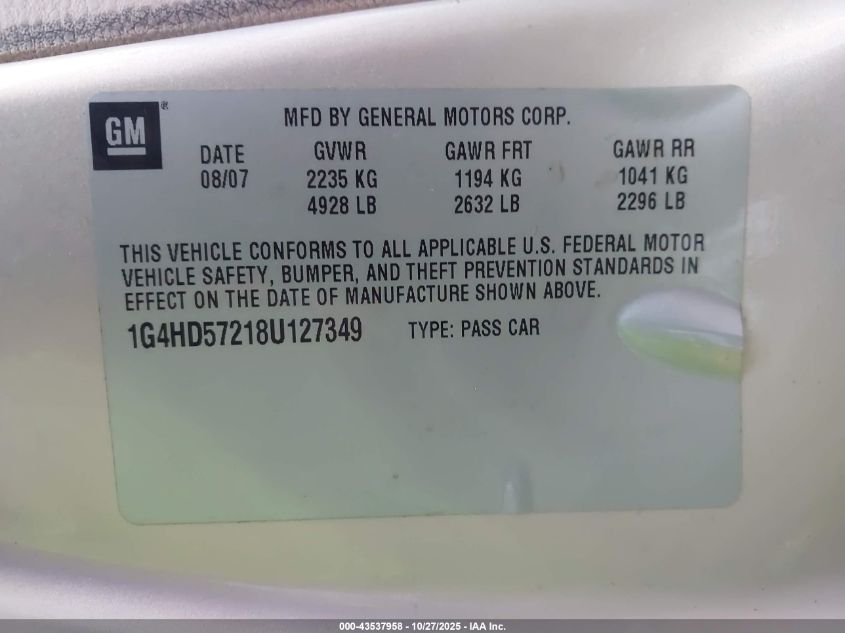 2008 Buick Lucerne Cxl VIN: 1G4HD57218U127349 Lot: 43537958