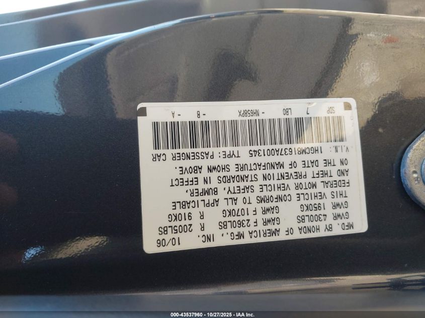 2007 Honda Accord 3.0 Ex VIN: 1HGCM81637A001345 Lot: 43537960