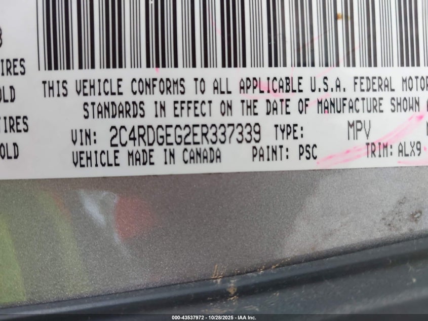 2014 Dodge Grand Caravan R/T VIN: 2C4RDGEG2ER337339 Lot: 43537972