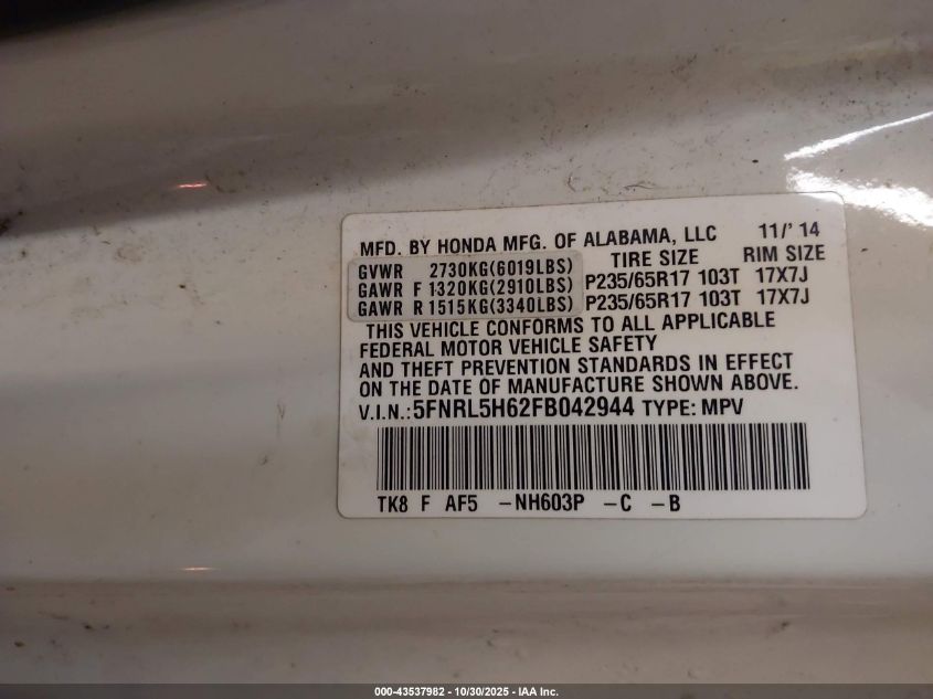 2015 Honda Odyssey Ex-L VIN: 5FNRL5H62FB042944 Lot: 43537982